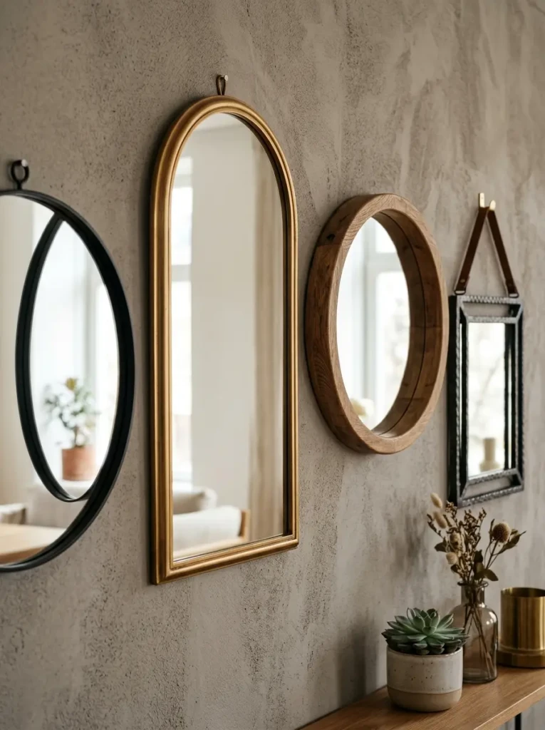 Close-up of mirrors with black metal, gold, and wooden frames in modern interior design