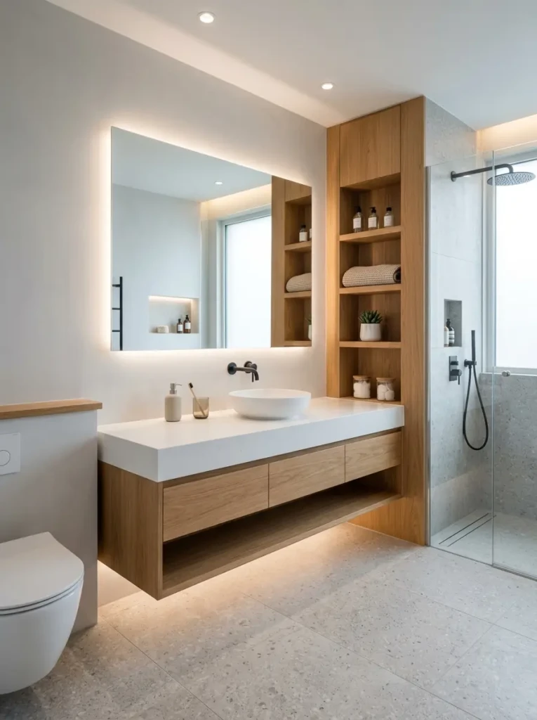 Contemporary bathroom with built-in shelves and floating cabinets for a clean and organized look