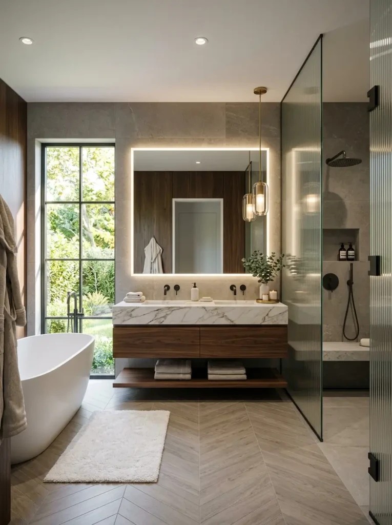 Beautiful modern bathroom with clean lines, luxury materials, and warm lighting creating a functional space