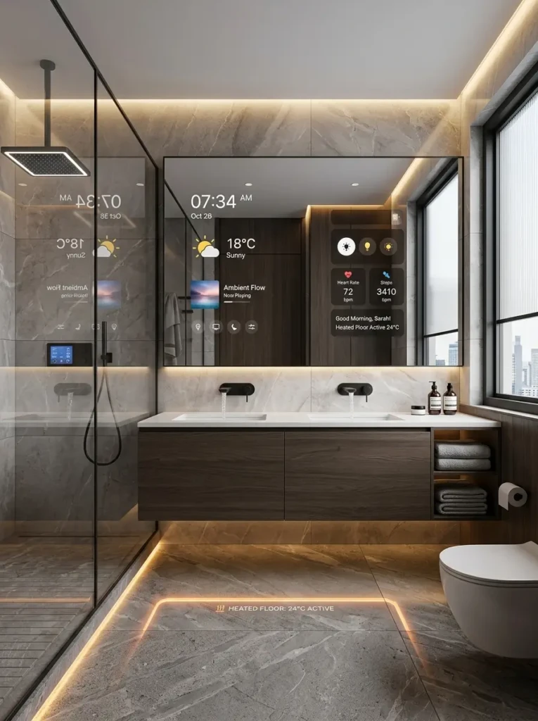 Futuristic bathroom with smart mirror, touchless faucet, and LED lighting for a high-tech experience