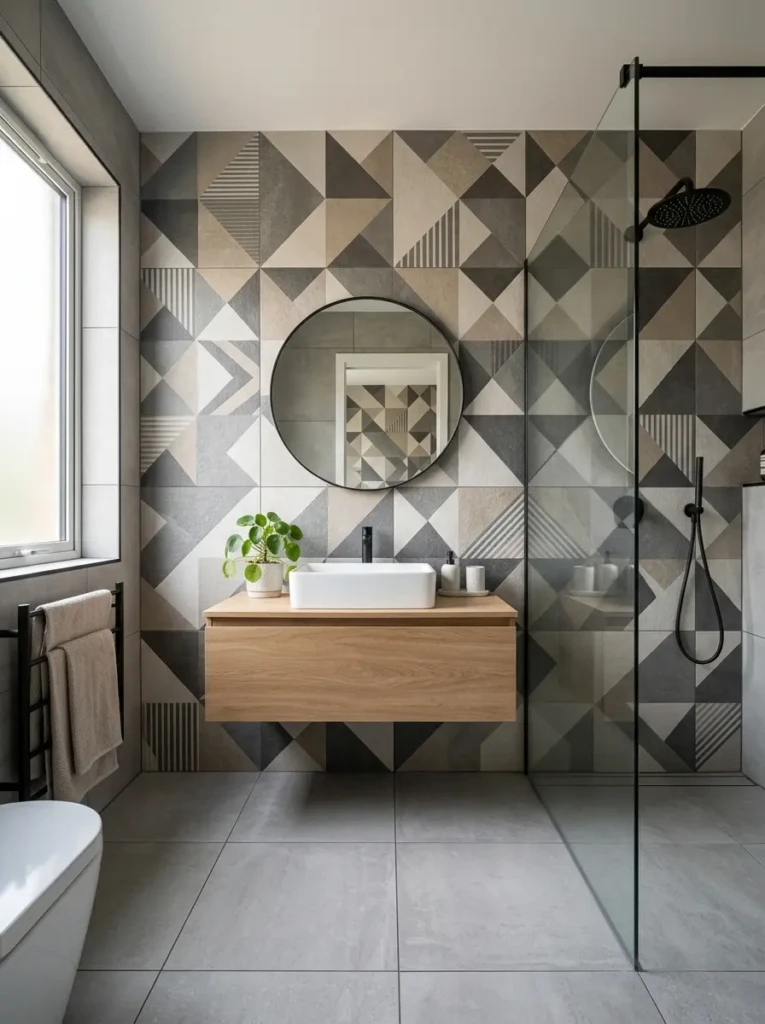 Stylish bathroom tiles with geometric design and textured finishes in a contemporary setting