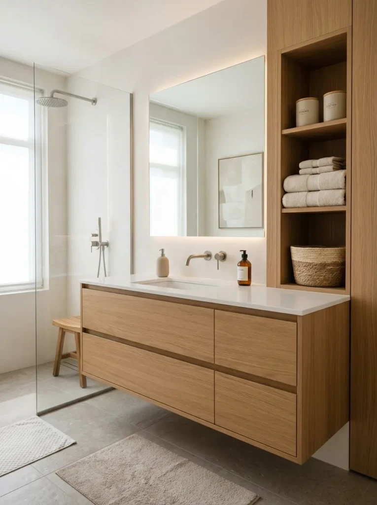 Modern neutral bathroom with floating vanity storage, beige containers, and organized shelves.