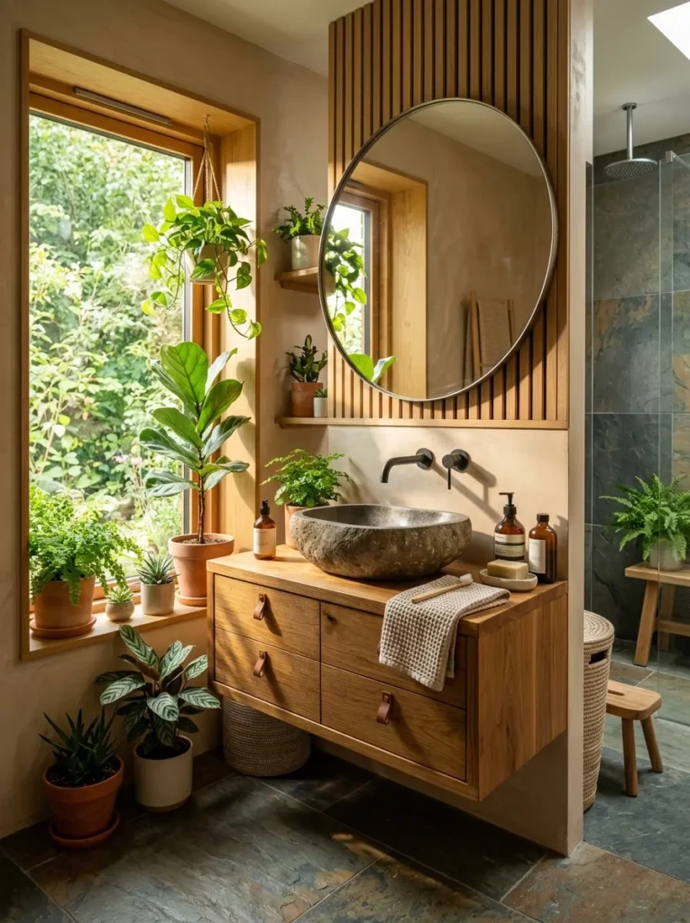 Modern bathroom with indoor plants, wooden vanity, and natural textures for a relaxing spa-like feel