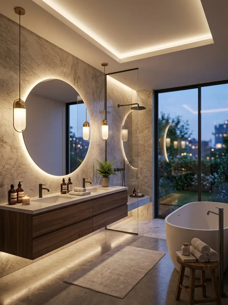 Bathroom with layered lighting including LED mirror glow and pendant lights creating a warm ambiance