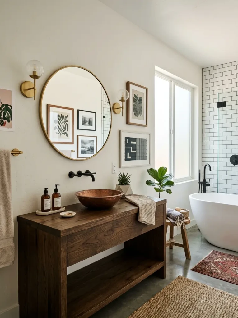 Modern bathroom with artwork, custom vanity, and stylish decor reflecting personal taste