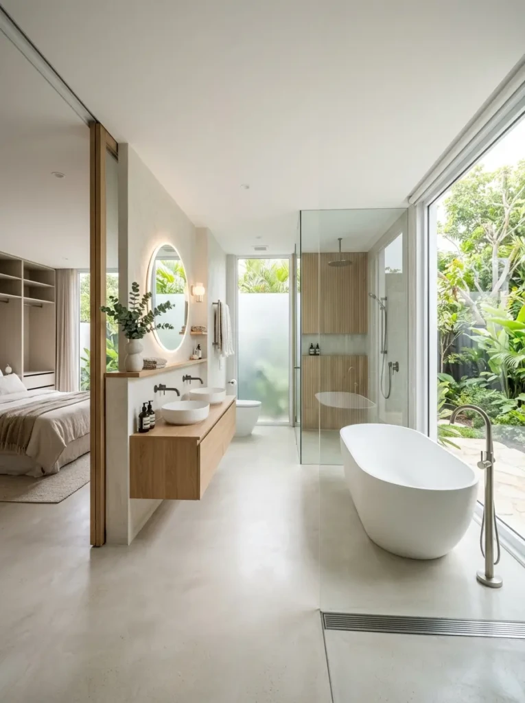 Spacious bathroom with glass partitions, large windows, and bright natural light creating an airy feel