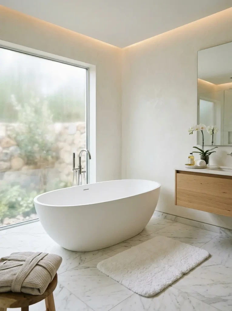 Elegant freestanding bathtub in a modern bathroom with marble flooring and soft lighting