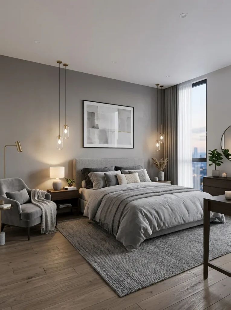 A modern grey bedroom with elegant furniture, soft lighting, and a calming neutral color palette