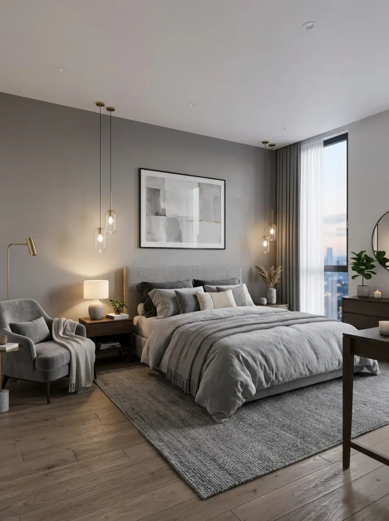 A modern grey bedroom with elegant furniture, soft lighting, and a calming neutral color palette