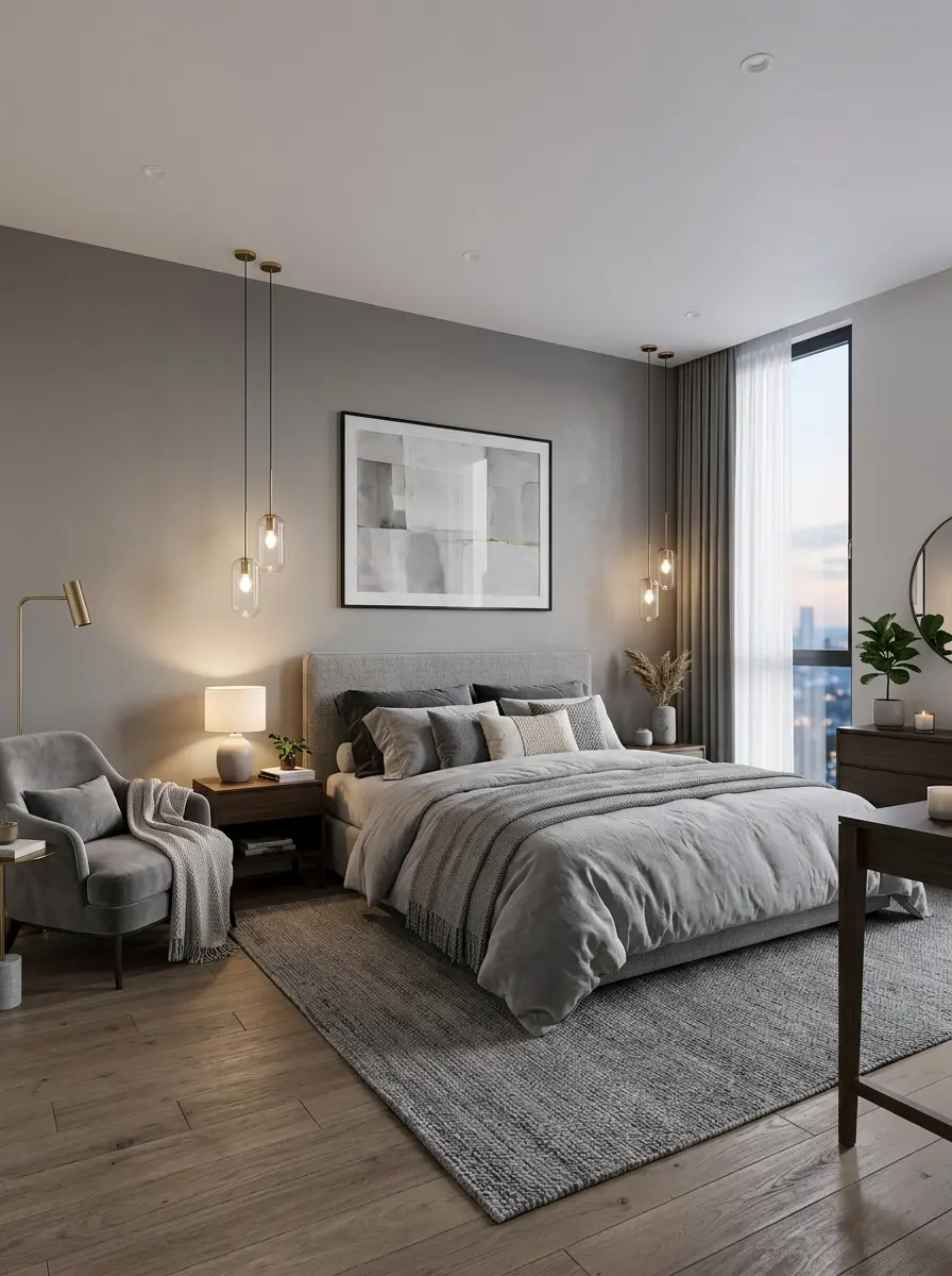 A modern grey bedroom with elegant furniture, soft lighting, and a calming neutral color palette