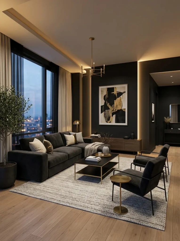 stylish modern black living room with elegant furniture, soft lighting, and minimalist decor creating a cozy luxurious atmosphere