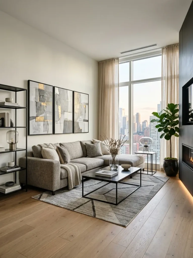 Modern living room decor featuring clean-line sofa, geometric rug, black accents, and layered textures