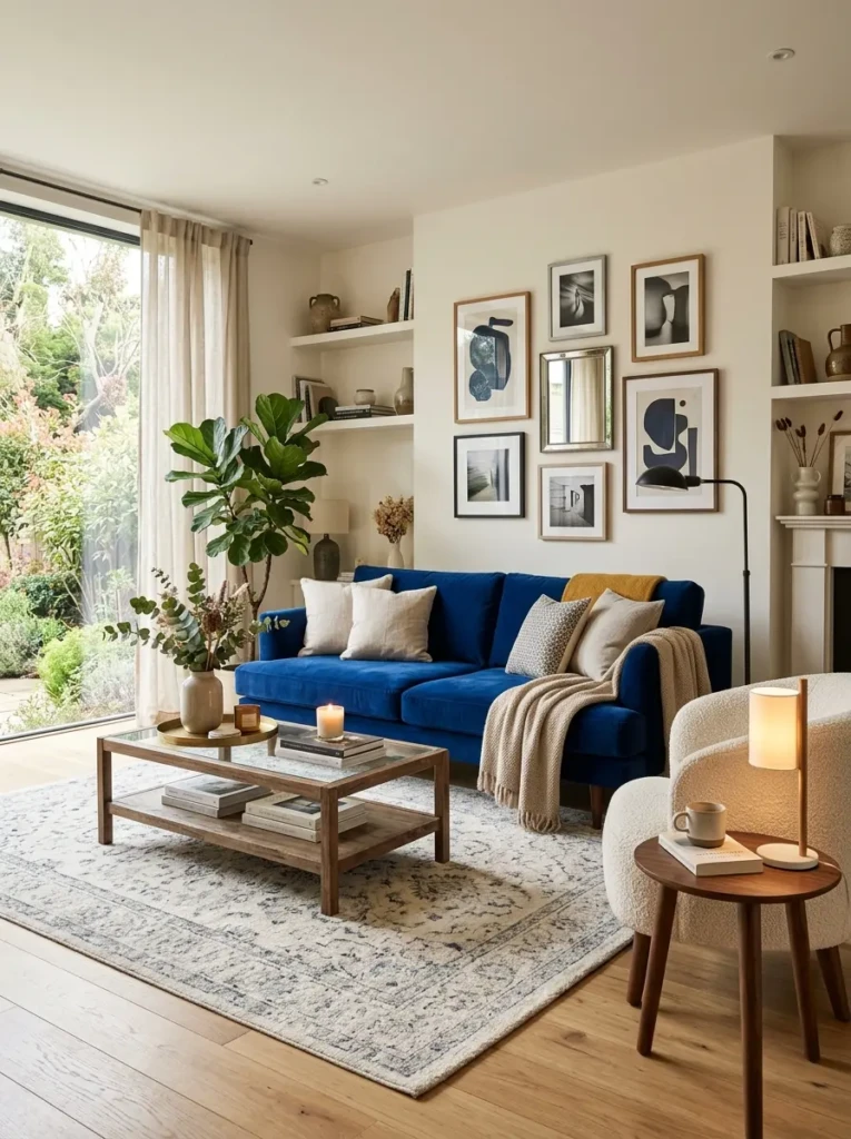 Stylish modern living room with a blue sofa as the centerpiece and elegant décor