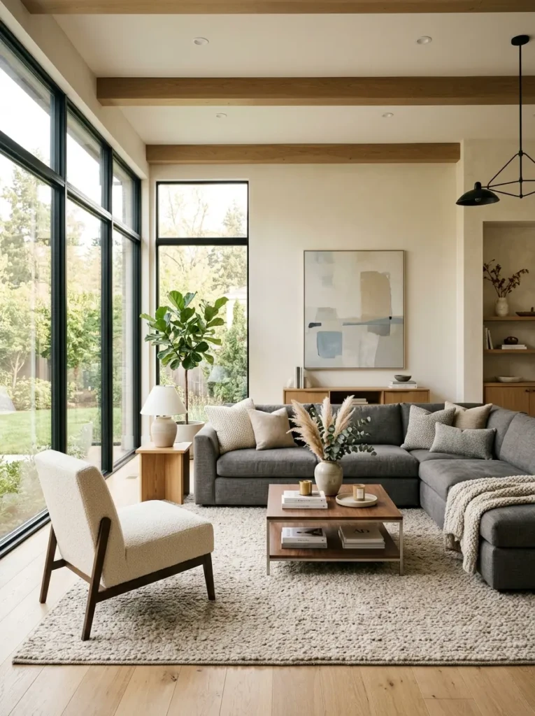 Stylish modern living room with a large neutral rug creating a cozy and inviting atmosphere