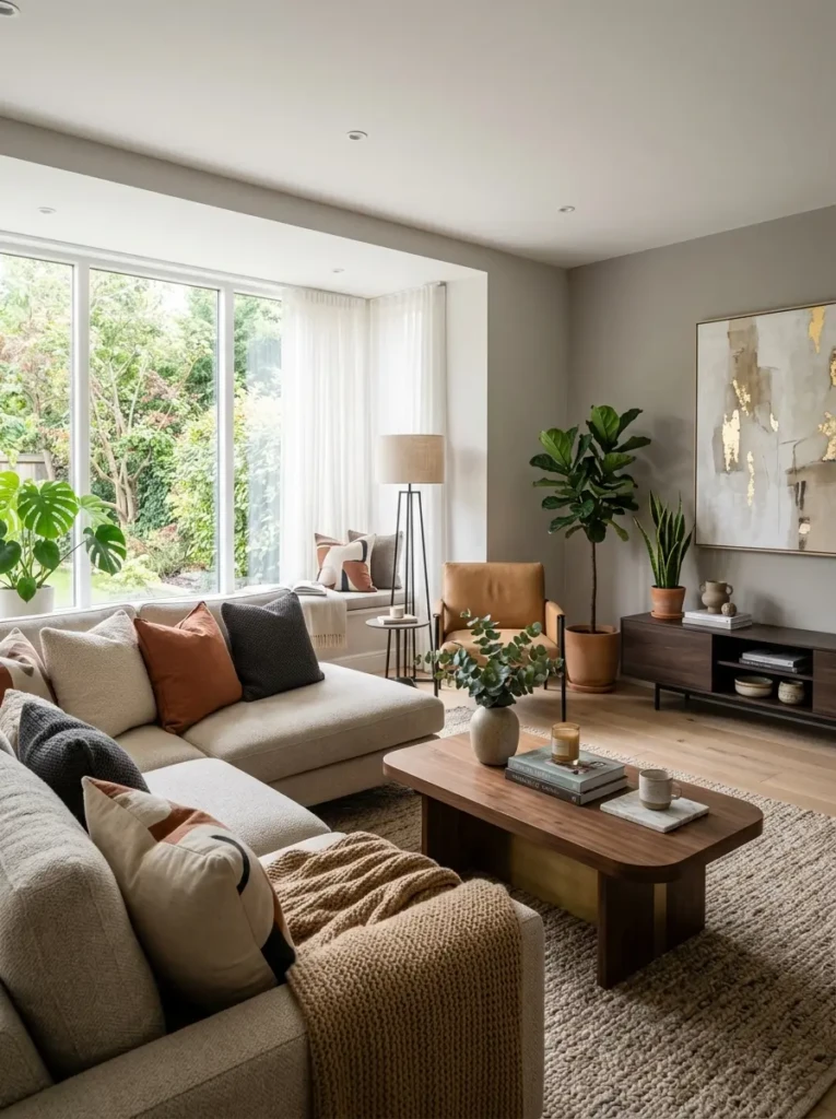 A modern living room featuring a cozy sofa, stylish decor, and warm lighting showcasing inspiring living room decor ideas.