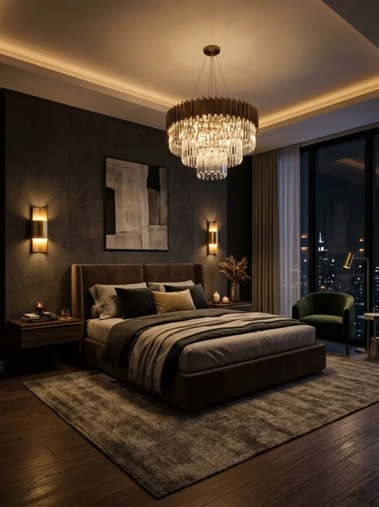 Modern luxury bedroom design master suite with chandelier, bedside sconces, and warm ambient lighting.