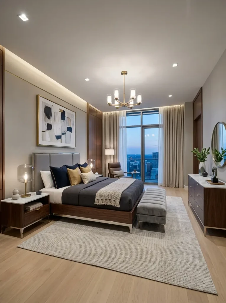 Modern luxury bedroom design master suite with sleek marble nightstands and clean-lined furniture.