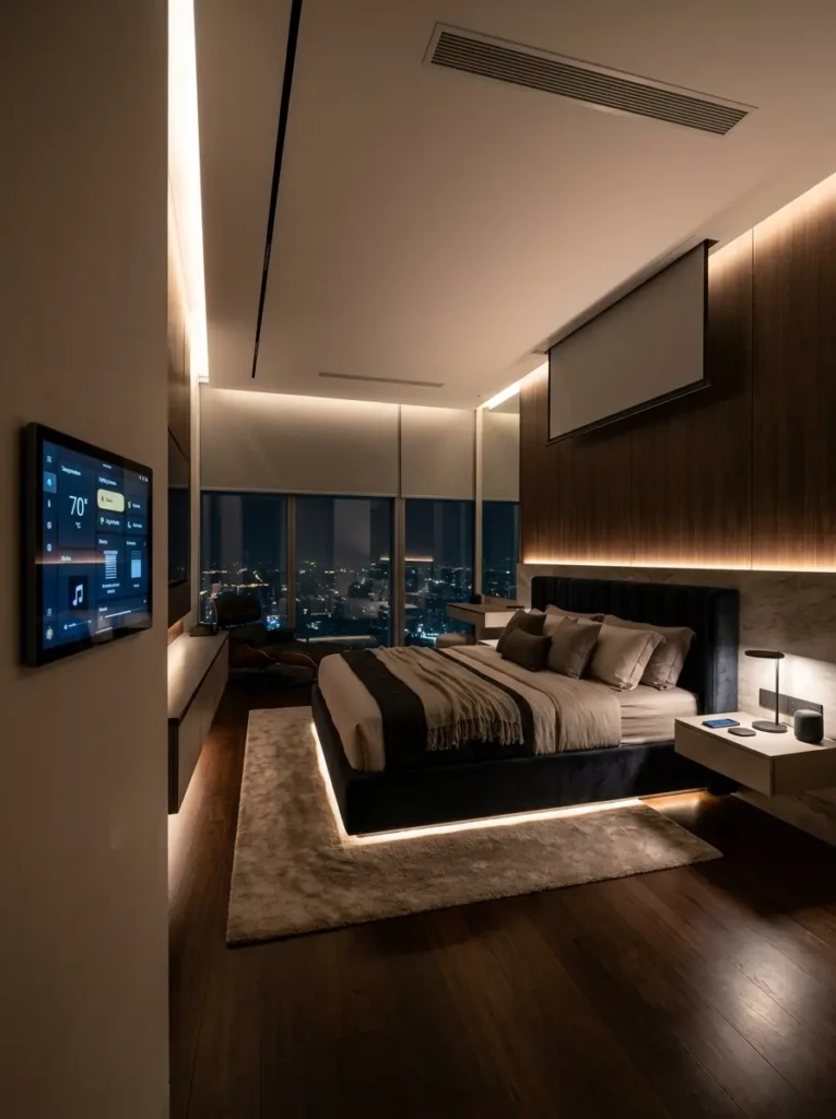 Modern bedroom with automated lighting, smart controls, and integrated technology features.