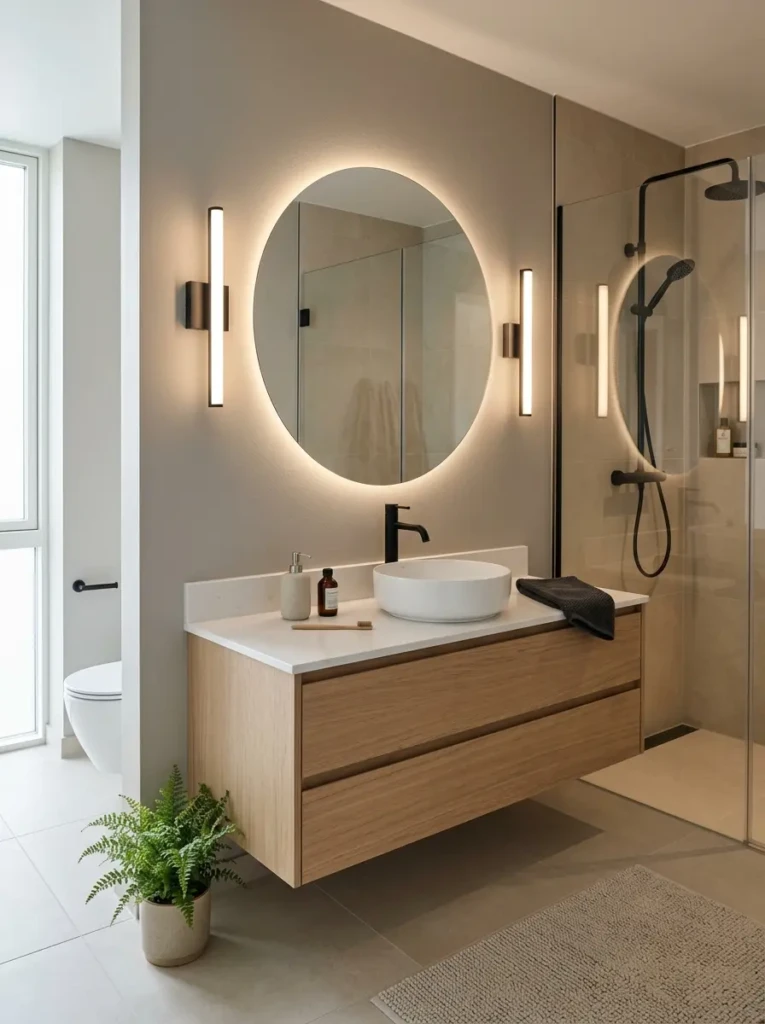 Modern neutral bathroom featuring minimalist fixtures, floating vanity, and matte black faucet.
