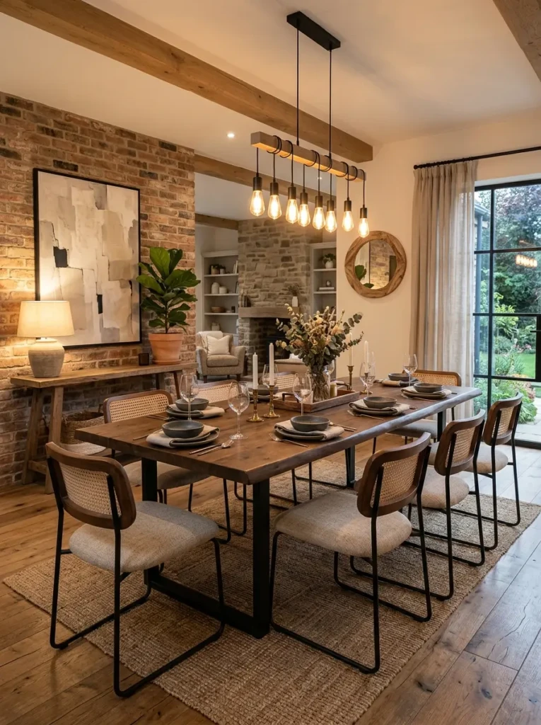 Modern rustic dining room with sleek table, wooden chairs, and metal accents in warm tones