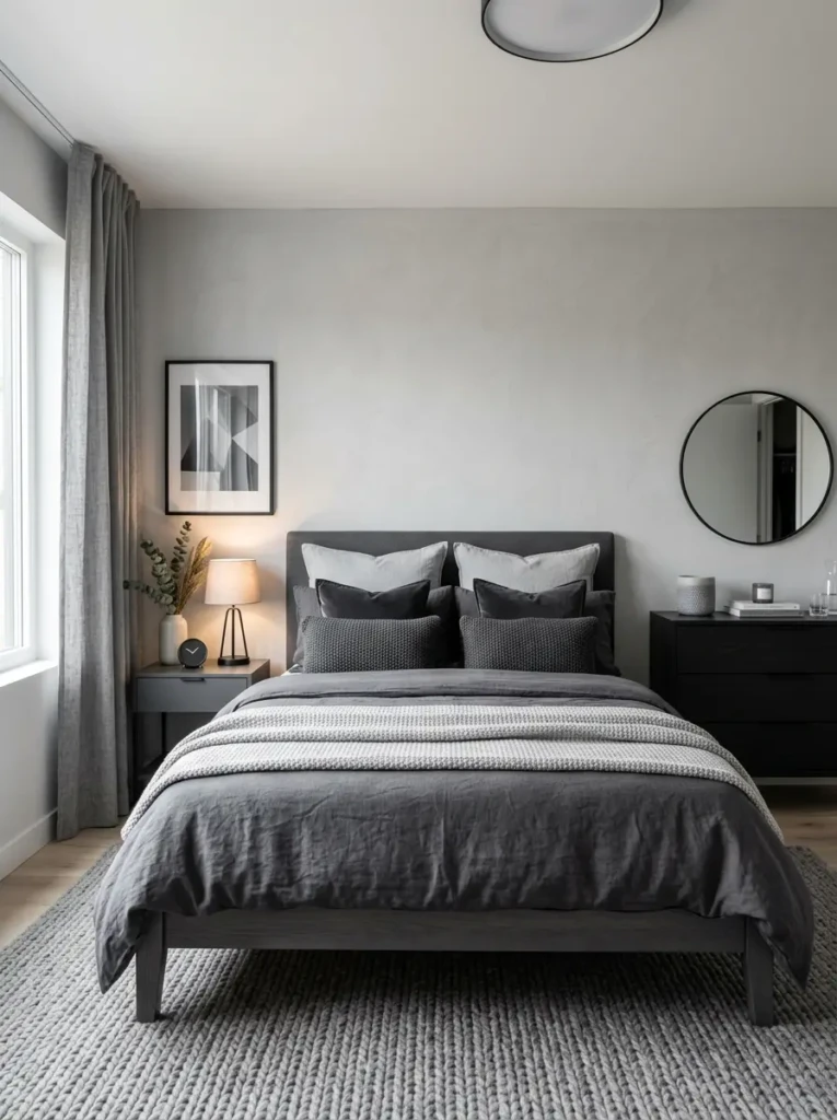 Modern gray bedroom with layered bedding, charcoal cushions, light gray walls, and sleek minimalist furniture.