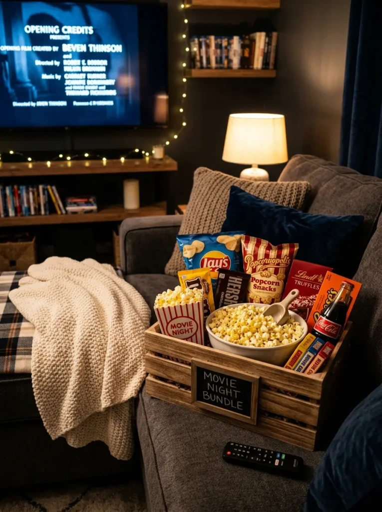 A cozy movie night basket with popcorn, snacks, and a blanket placed on a couch