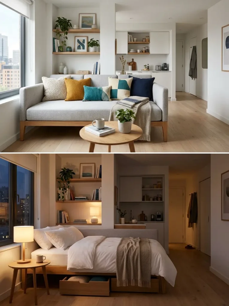 Versatile daybed used as both sofa and bed in a compact modern apartment, showcasing practical daybed room ideas