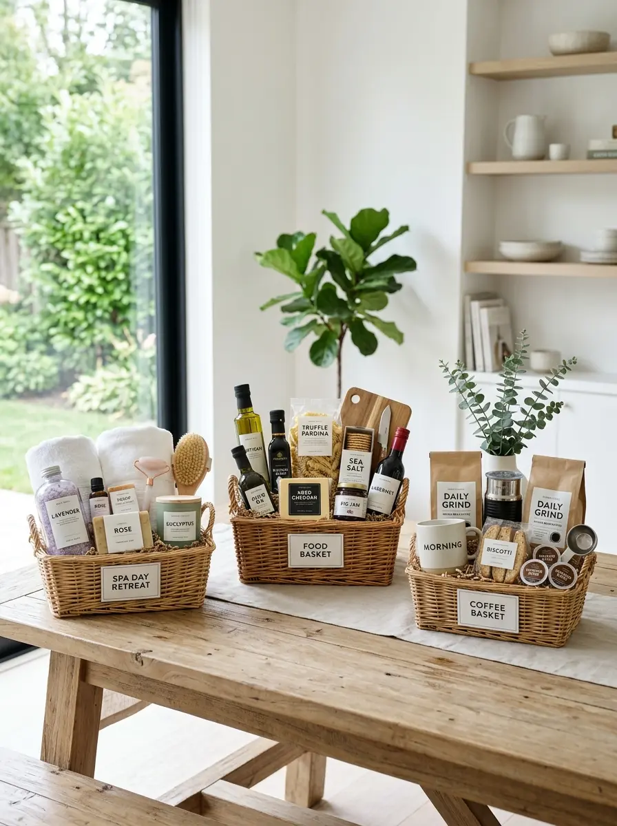 A collection of themed gift baskets including spa, coffee, and food arranged neatly on a table