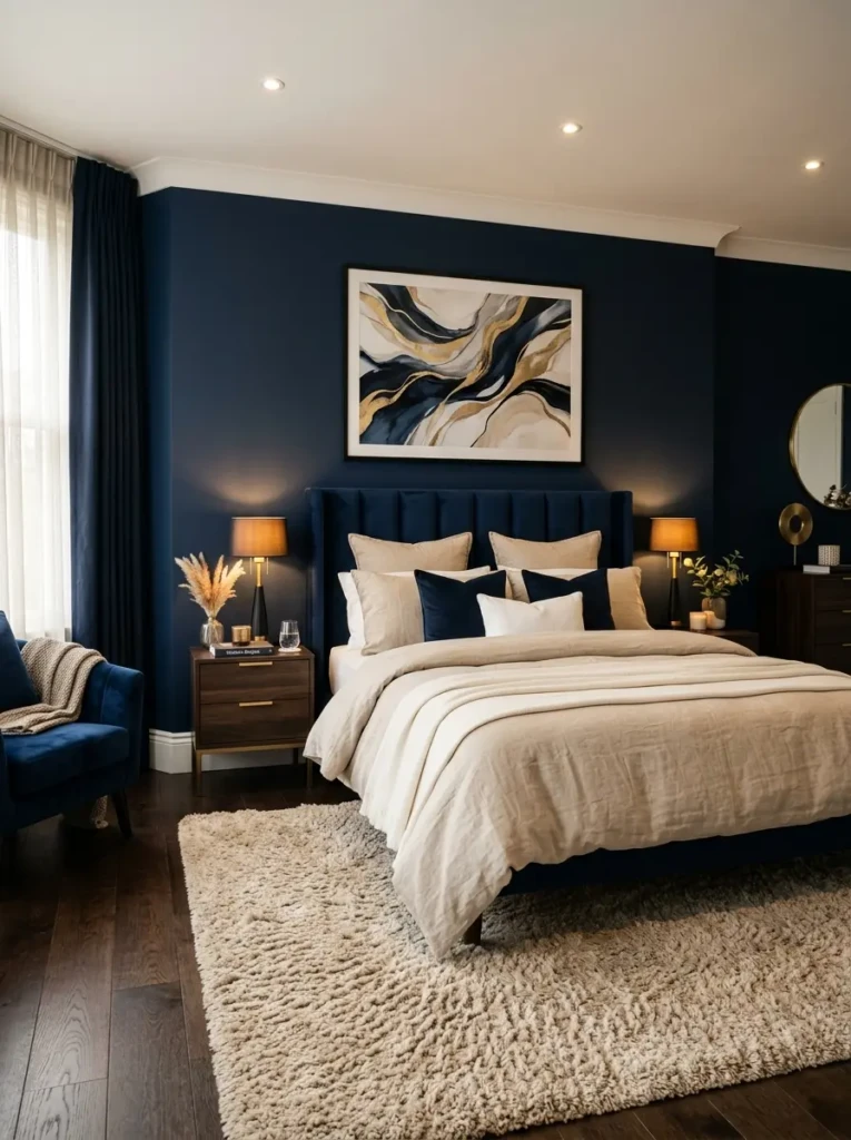 Modern bedroom featuring navy blue wall accents, beige bedding, soft lighting, and contemporary decor styling.