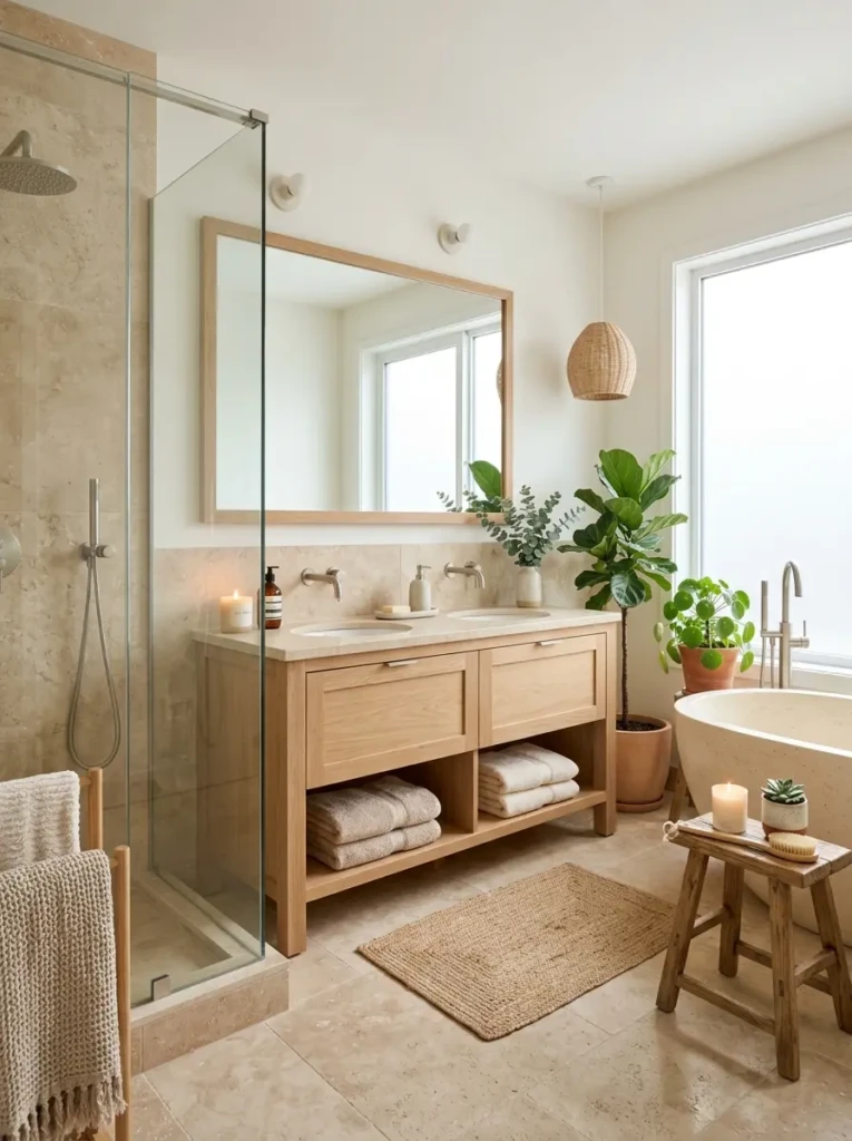 Elegant modern neutral bathroom ideas with wood vanity, beige stone, candles, and plants.