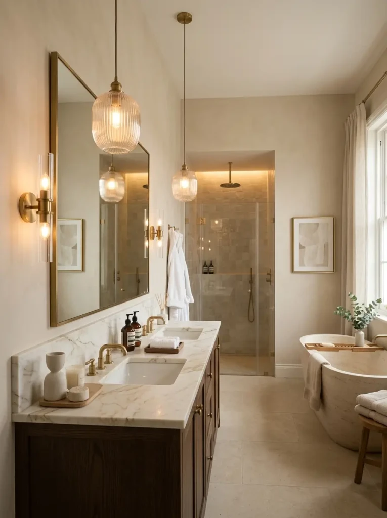 Elegant neutral bathroom with warm sconces, pendant lights, and softly glowing beige interiors.