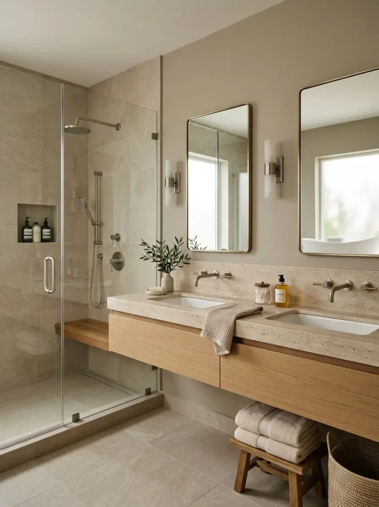 Sophisticated modern neutral bathroom with matte beige tiles and satin painted walls.