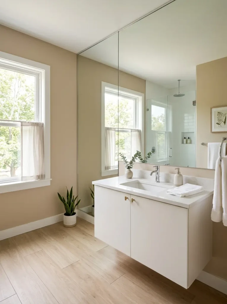 Small neutral bathroom with oversized frameless mirror reflecting natural light beautifully.