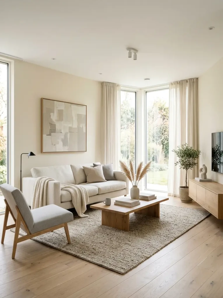 Minimalist living room in beige and gray tones with cohesive neutral color palette and bright natural light
