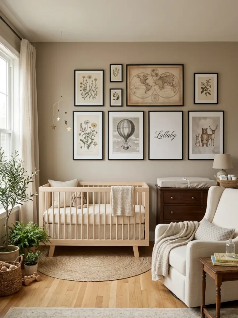 Nursery combining modern frames with vintage-inspired prints for a timeless wall decor style.