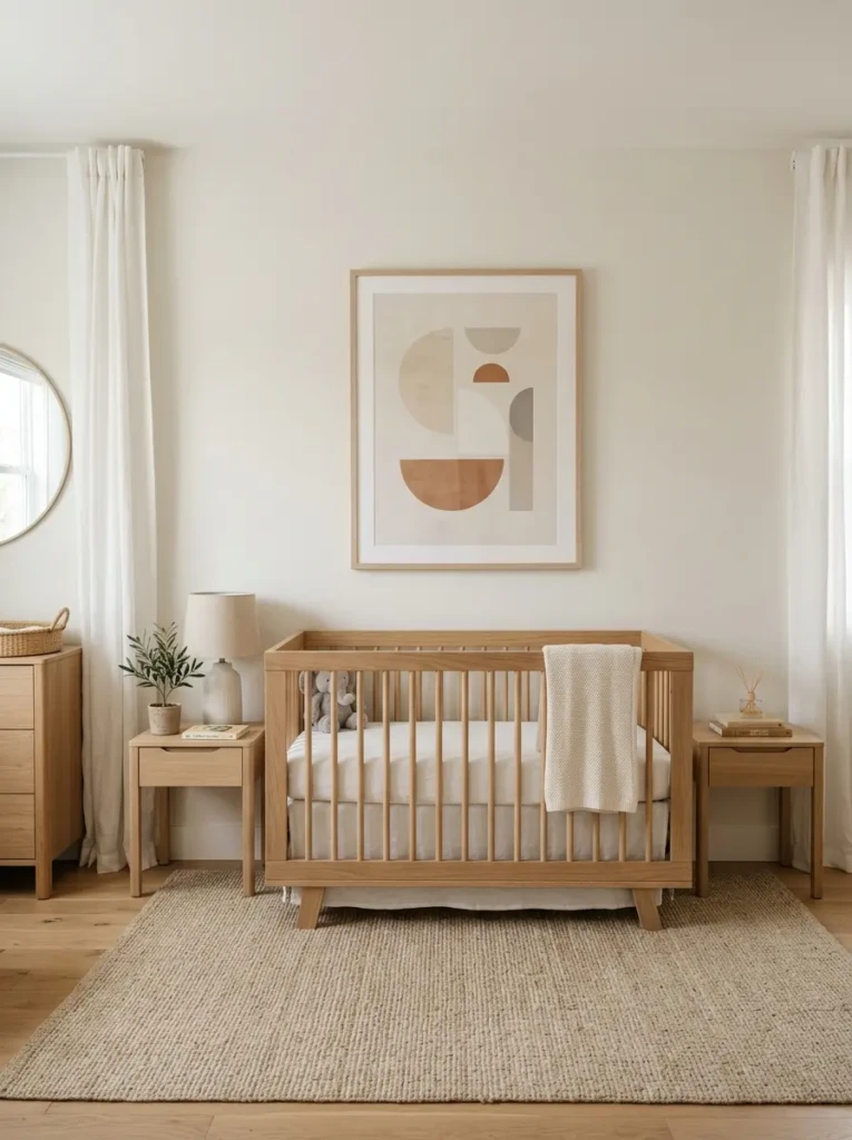 Nursery crib with centered wall art above, creating a balanced and visually appealing layout.