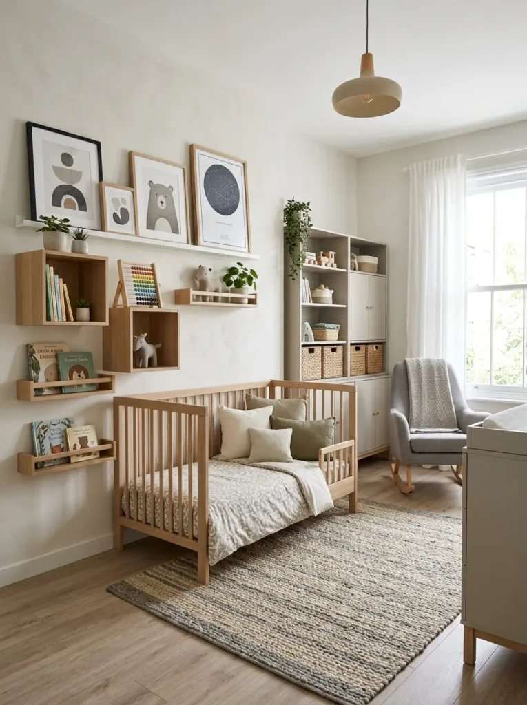 Versatile nursery wall decor designed to adapt as the child grows, featuring neutral tones and flexible elements.