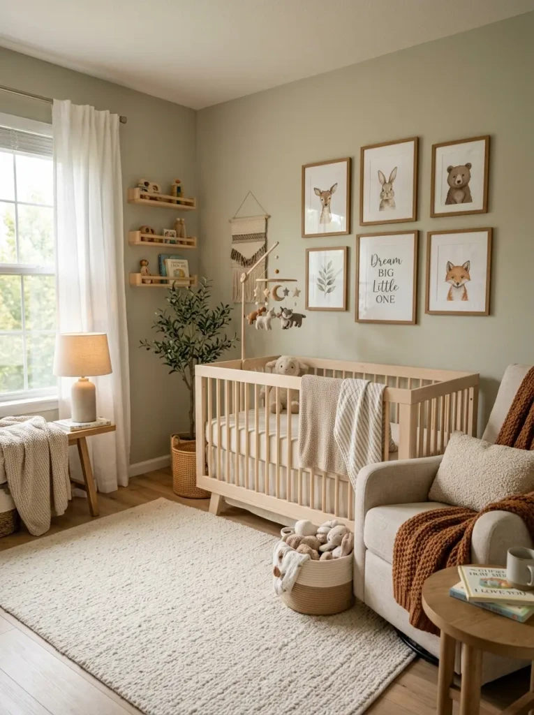 Beautifully decorated nursery with cohesive wall decor, soft lighting, and a peaceful cozy atmosphere.