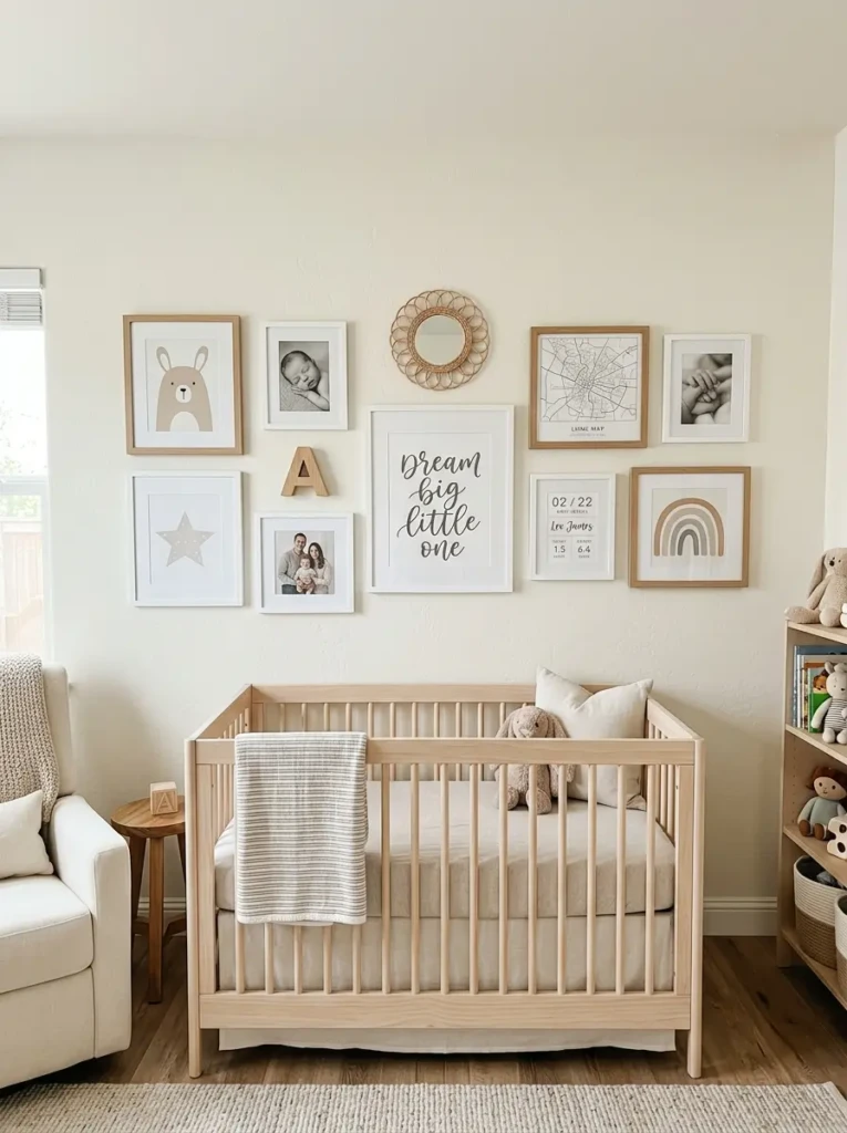 A stylish nursery gallery wall with framed prints, baby photos, and decorative elements arranged neatly.
