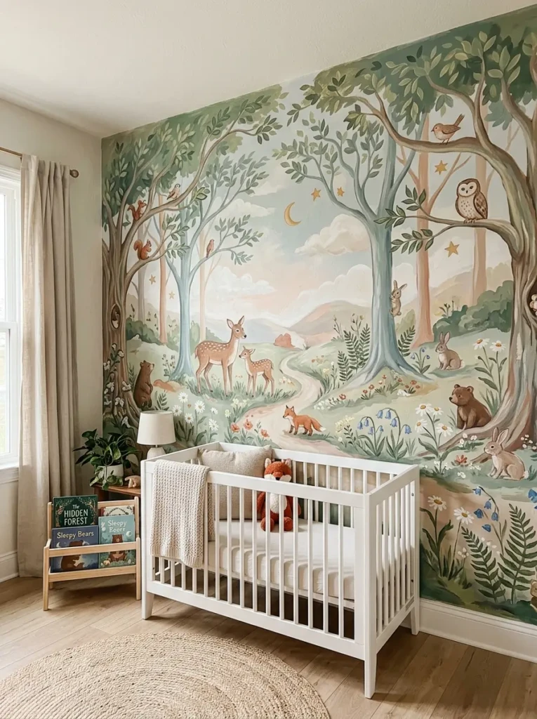 Hand-painted nursery mural with forest theme including trees and animals in soft pastel colors.