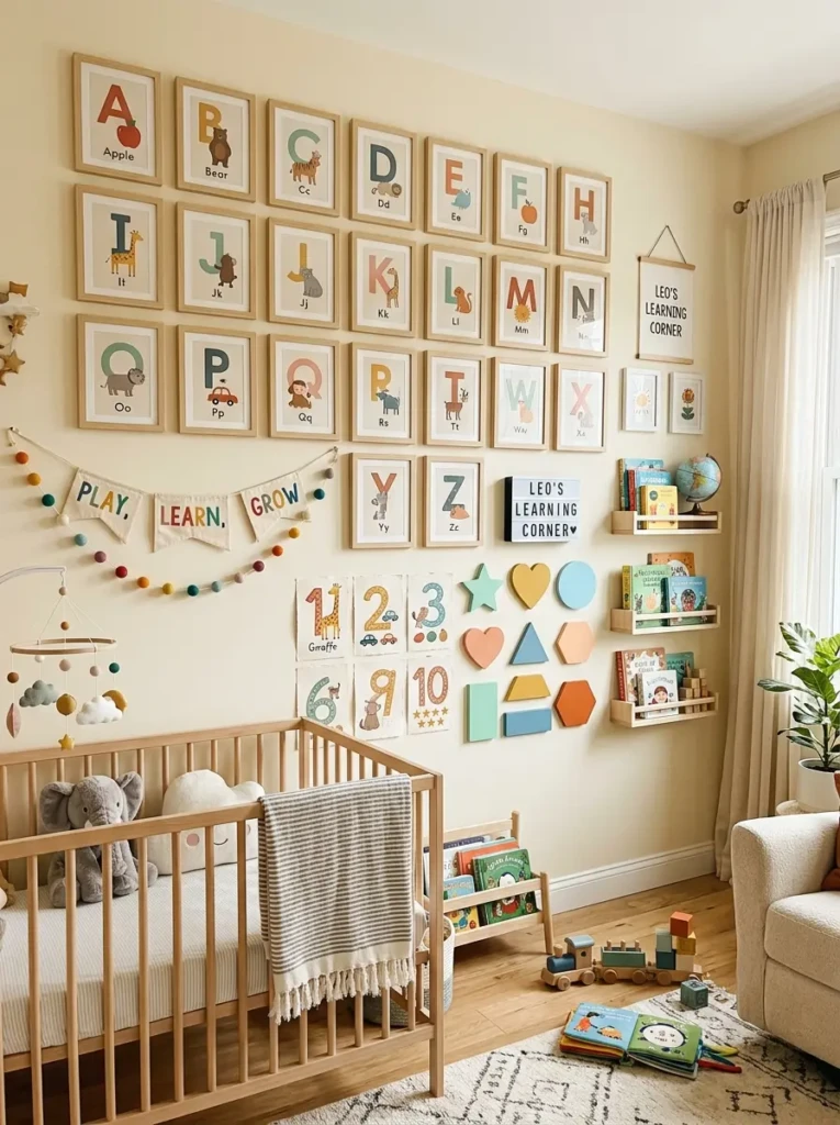 Nursery wall decorated with alphabet prints, numbers, and colorful shapes for early learning.