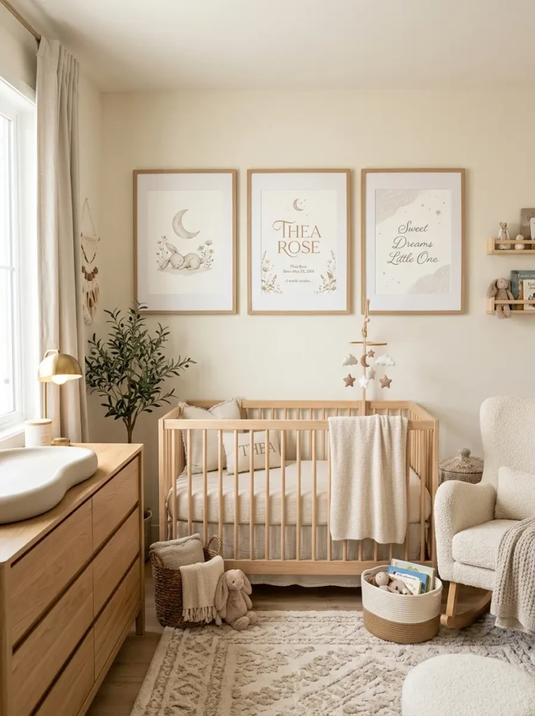 Nursery wall featuring personalized artwork with baby name in elegant typography and neutral tones.