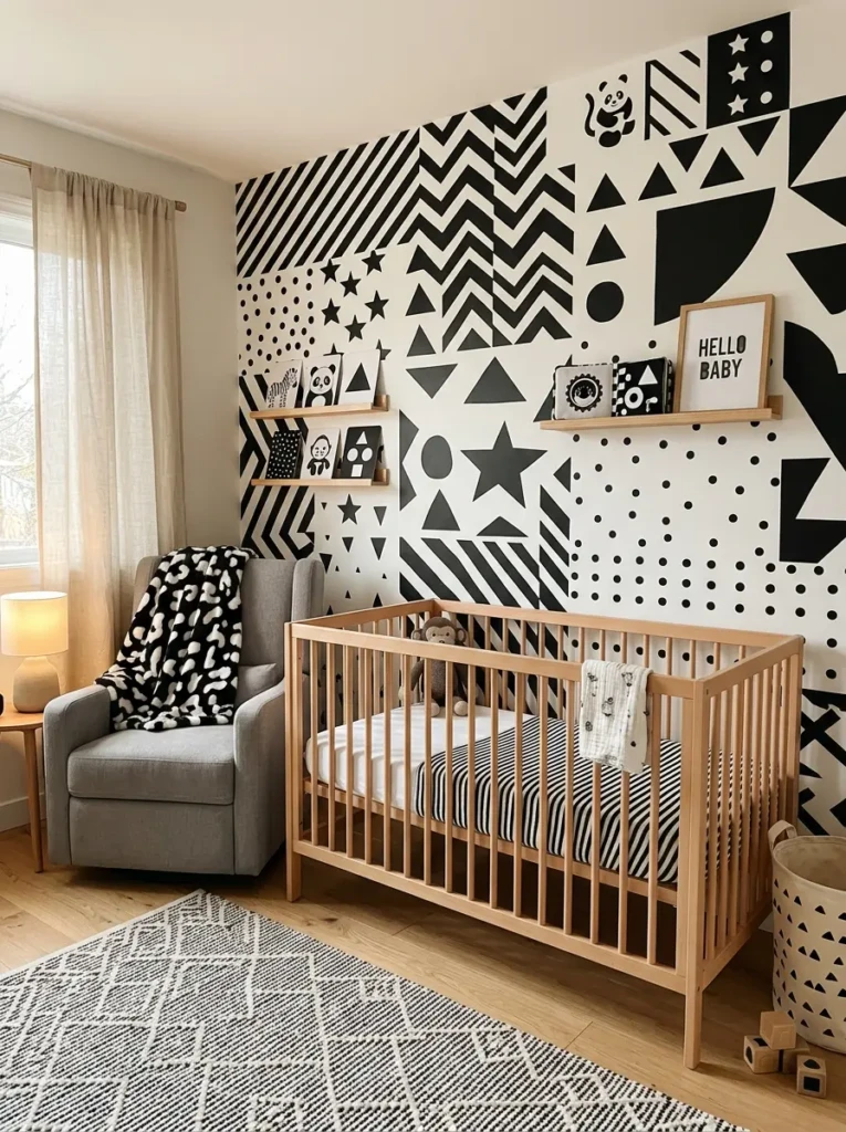 High-contrast nursery wall decor with simple shapes designed to stimulate a baby’s visual development.