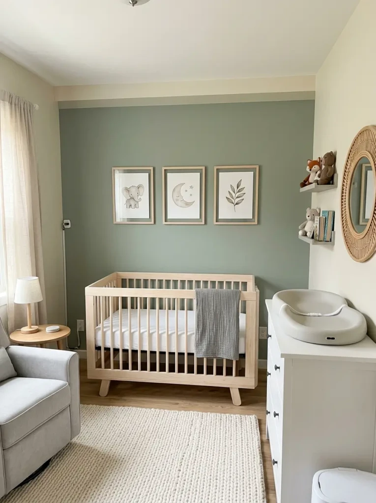 Nursery wall decor securely mounted and arranged safely for a baby-friendly environment.