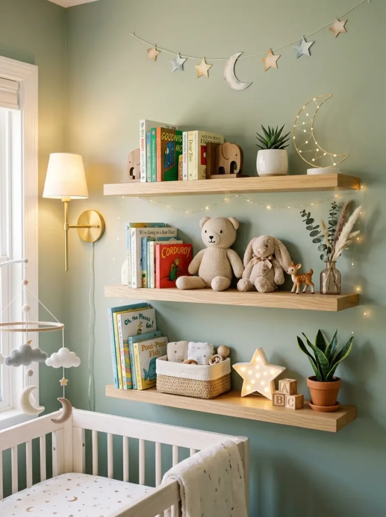 Nursery wall with wooden floating shelves displaying books, toys, and small plants in an organized style.
