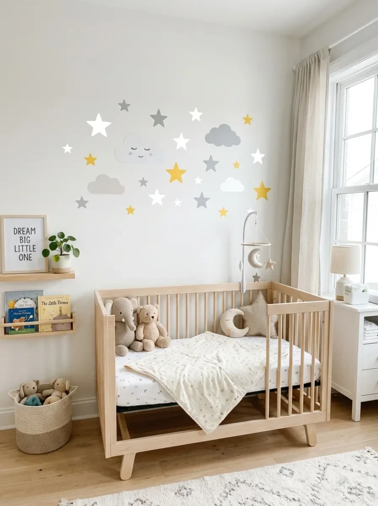Modern nursery wall decorated with removable decals of stars and clouds on a clean white background.