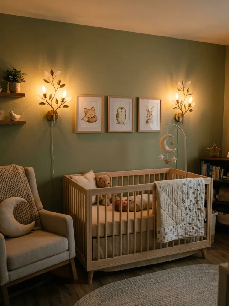 Cozy nursery with wall-mounted lighting creating a warm and calming nighttime atmosphere.