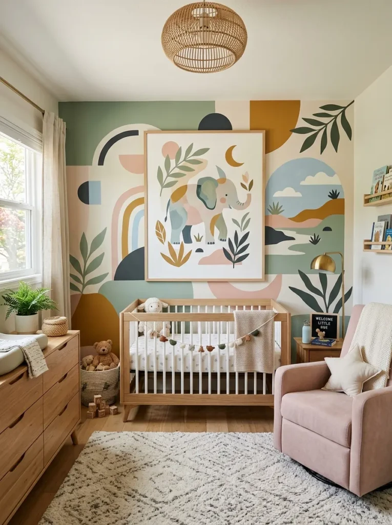 Nursery with large statement wall art inspired by living room decor but softened for a baby-friendly space.