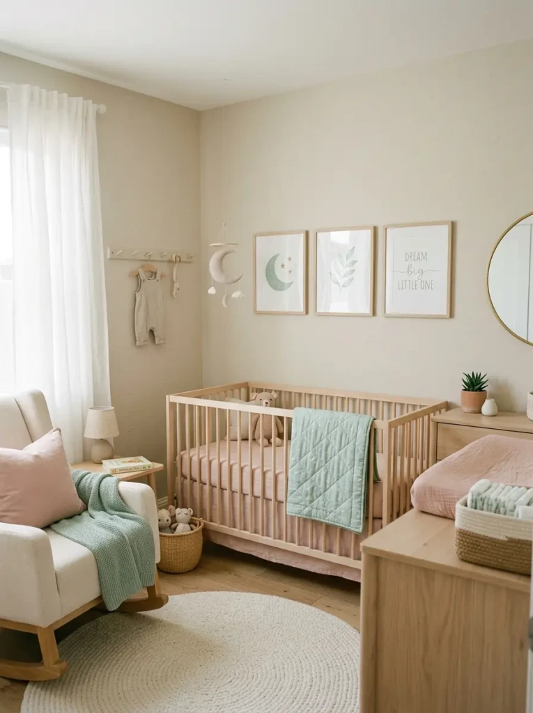 Nursery designed with calming pastel colors like mint green and blush pink to create a peaceful atmosphere.