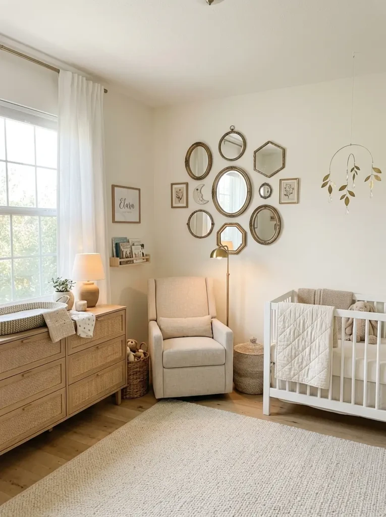 Nursery with subtle mirror accents enhancing light and creating an airy and elegant feel.